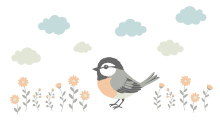 Cute little bird illustration with pastel flowers and clouds on a white background © Irma