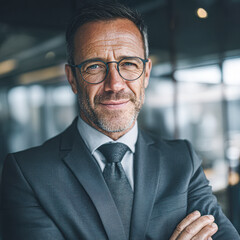 Fototapeta premium Confident middle-aged businessman in a suit with glasses, standing in a modern office environment, arms crossed and smiling slightly.