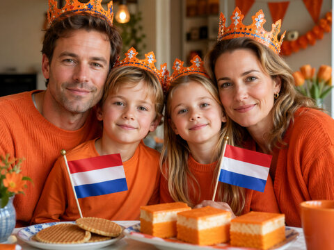 Dutch father with children in orange on King's Day holding Netherlands flag