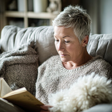 A woman with short gray hair relaxes on a cozy sofa, reading a book, surrounded by soft pillows and a peaceful home environment.