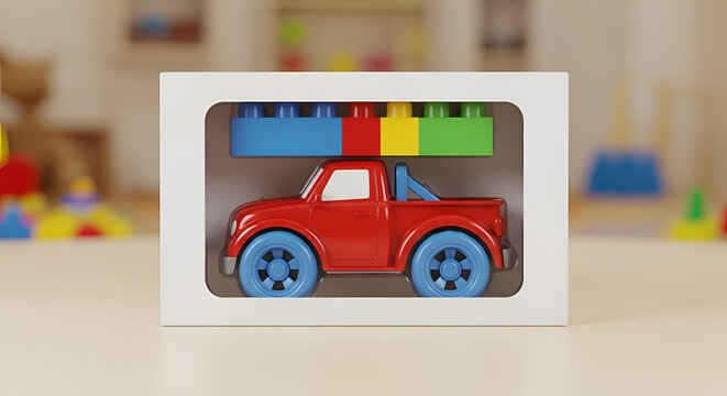 Red toy car in white packaging.