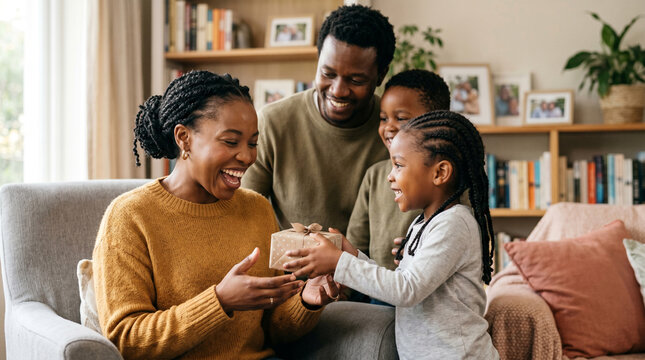 Mother receiving surprise gift from family, candid emotion, Mother's Day