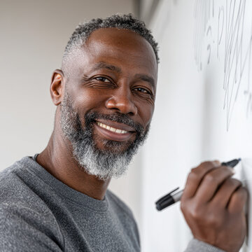 A smiling man writes on a whiteboard with a marker, appearing engaged and confident in a well-lit indoor setting.