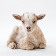 Fototapeta premium Adorable baby goat lying down, captured in a clean studio portrait with a white background, highlighting its delicate features and fluffy fur