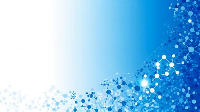 Abstract molecular network with interconnected nodes and lines on a gradient blue background symbolizing technology and scientific research.