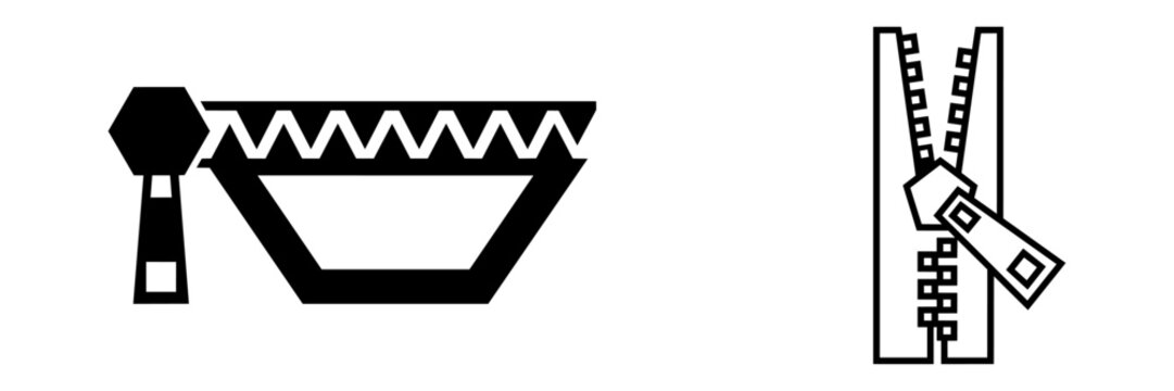 Zipper fastener icons set with a horizontal monster teeth design and a vertical unzipped puller