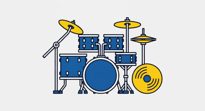 Blue Drum Set With Cymbals And Stands.