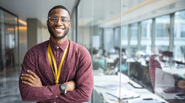 A confident professional smiles in a modern office setting, wearing glasses and a lanyard, standing with arms crossed near glass walls.