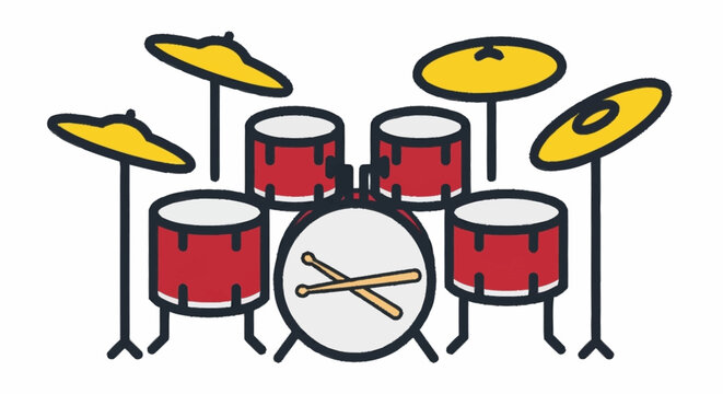 Red Drum Kit with Cymbals and Drumsticks.