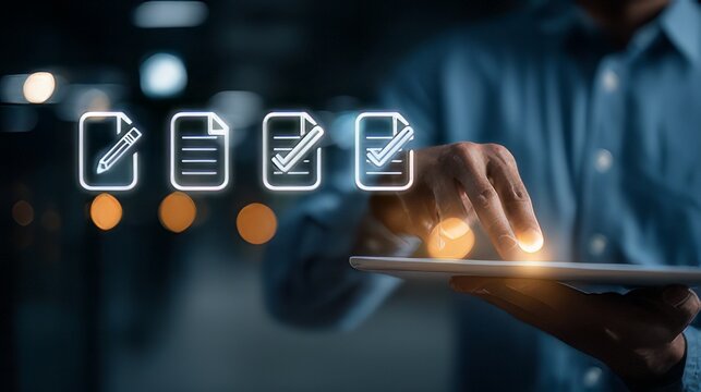 Digital document management and approval workflow. Holographic icons workflow automation process of creating, reviewing, and approving digital documents on a tablet. 