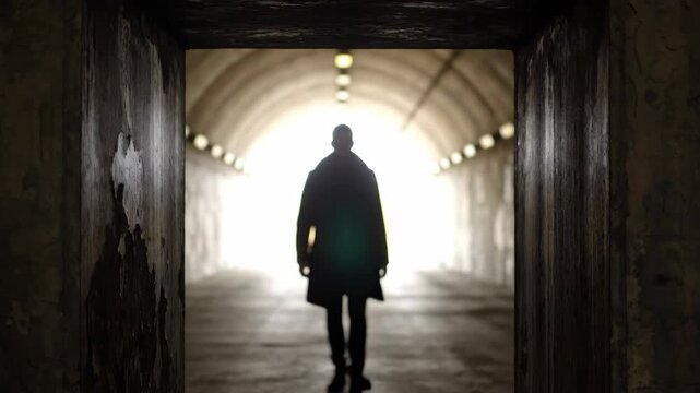 Silhouette of Man in Coat Walking Out of Bright Concrete Tunnel Towards Shadowed Doorway