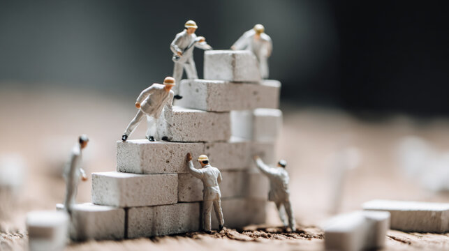 A miniature construction scene with tiny figures working together to build a structure from blocks, showcasing teamwork and creativity in an industrial environment.