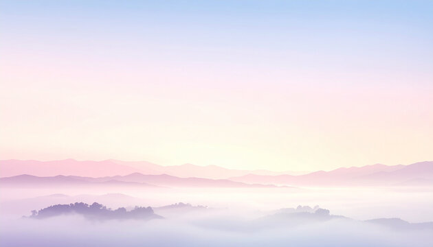 Mountains in mist under pastel sky
