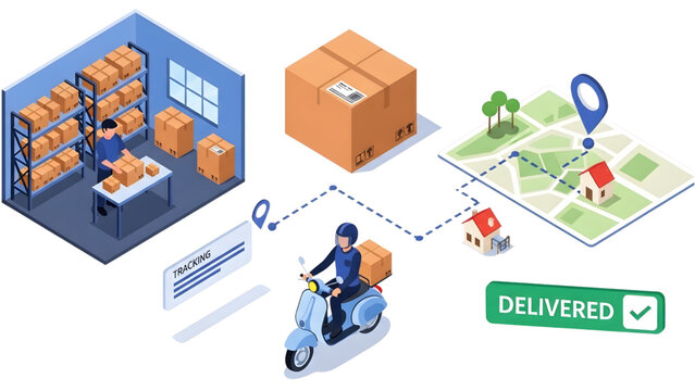 Isometric Delivery Workflow Vector Set with Warehouse Packing, Courier Scooter Routing, Tracking Map and Final Delivery Process on Clean White Background