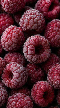 Frozen Raspberries Close Up with Frost &ndash; Fresh Berry Texture Background