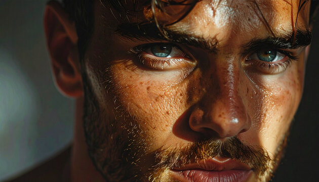 A cinematic close-up shot of a man's face with strong eye contact and deep shadows.