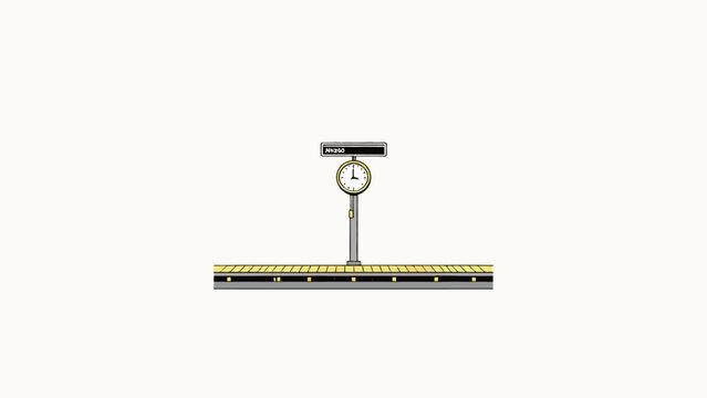 Minimalist Line Art Illustration of an Empty Train Station Platform With a Station Clock and Reversed Name Sign on a Plain White Background