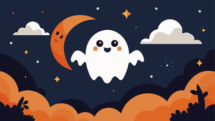 Fototapeta premium Halloween ghost flying under a full moon with bats