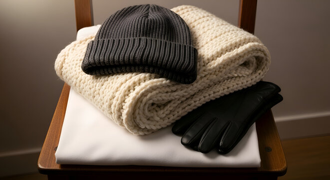 Winter clothing hat gloves sweater.