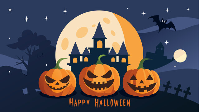 Halloween pumpkin lantern with spooky scene and full moon