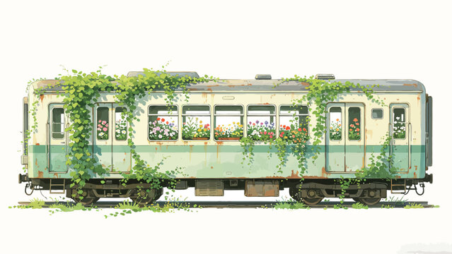 Watercolor Illustration of an Abandoned Vintage Passenger Train Car Covered in Lush Green Ivy and Blooming Wildflowers, Rustic Whimsical Nature Reclaimed Artwork on Clean White Background