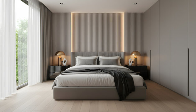 Modern luxury bedroom interior with gray walls wooden flooring and warm ambient wall lights.