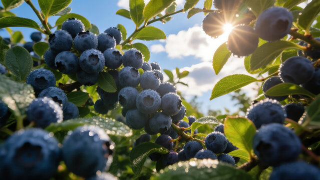 Close up of fresh plump blueberries with water drops under sunlight,Organic fruits, healthy green food, designed for supermarkets, orchards, and fruit shops