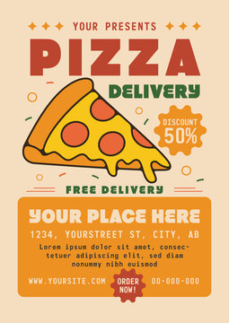 Pizza Delivery Flyer With Free Delivery, Discount and Customizable Restaurant Details. Vector Illustration of Pizza Delivery Flyer Poster