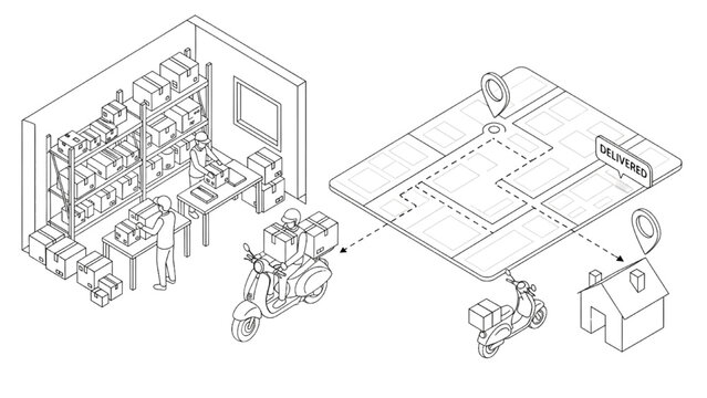Isometric Delivery Logistics Workflow Vector Set with Warehouse Packing, Courier Scooter Route Tracking and Completed Delivery Process in Outline Silhouette Style