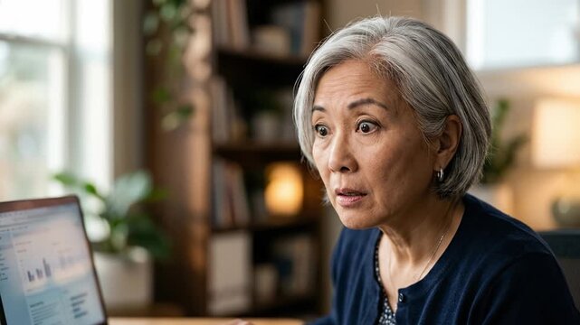 Mature woman reacts with surprise while reviewing financial charts on a laptop at home. Expression shows concern and sudden realization, hinting at unexpected results or important news.
