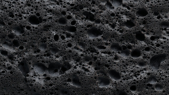 Seamless Volcanic Black Basalt Rock Surface Texture Background with Crystalline Mineral Grain and Vesicular Cavities in Dark Charcoal Tones, Geology Nature Stock Image
