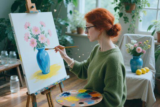 Young Caucasian woman painting floral still life on canvas in home studio, practicing creative hobby and artistic skill. Useful for art classes, creativity, lifestyle marketing
