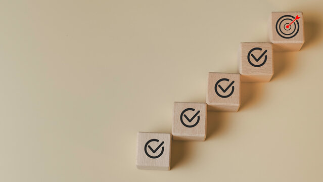Goal achievement and business success concept with step by step checklist leading to target. Strategic planning, productivity workflow, task management, and focus on performance growth and results.