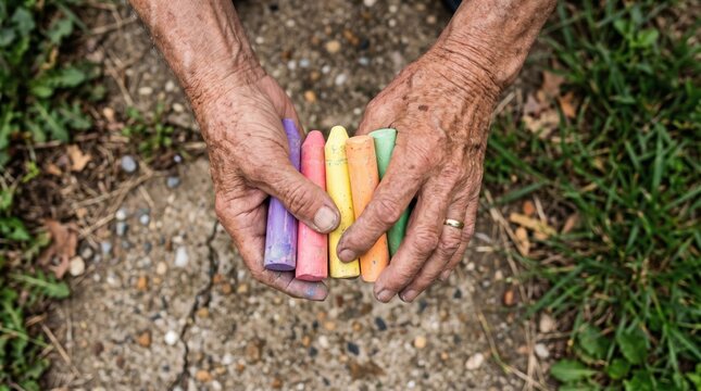 Elderly hands holding colorful sidewalk chalk over a concrete path.