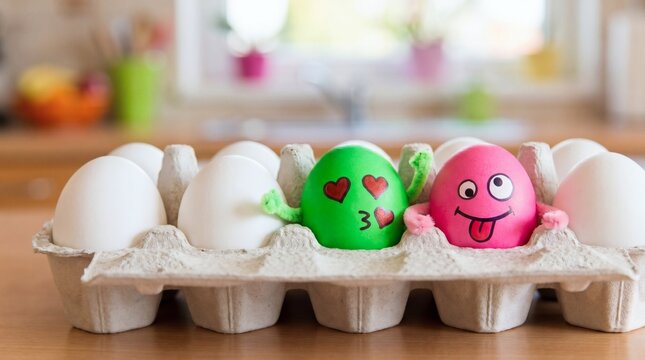 Funny Easter eggs with emoji faces in a carton on kitchen table.