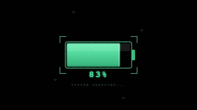 Green smartphone battery icon charging on black background with 83 percent capacity