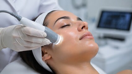 Naklejka premium Professional aesthetician performing laser skin rejuvenation on a female client