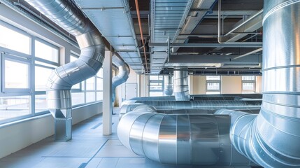 Naklejka premium Indoor scene showcasing a modern ventilation system, with a focus on air handling units and air ducts, illustrating HVAC technology and the role of air flow in indoor air quality and climate control