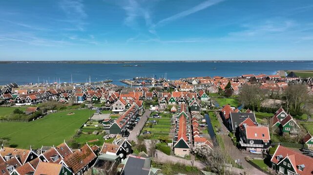 Historic lakeside village with traditional waterfront in Europe