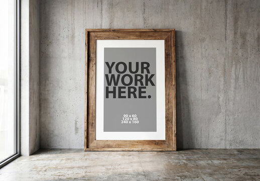 Vertical canvas poster mockup in wooden frame standing on concrete floor 