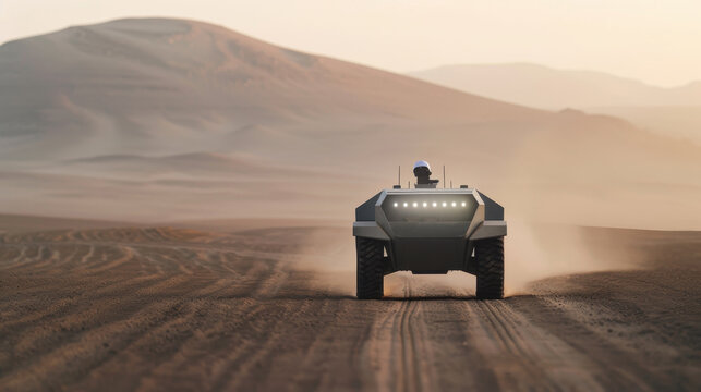 An unmanned combat vehicle patrols a deserted battlefield with AI-driven surveillance, showcasing futuristic military technology and autonomous warfare capabilities.