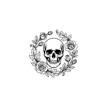 Skull Surrounded by Roses and Leaves Illustration 1.