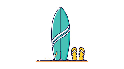 A turquoise surfboard stands upright on the sandy beach next to yellow flip flops. © trading