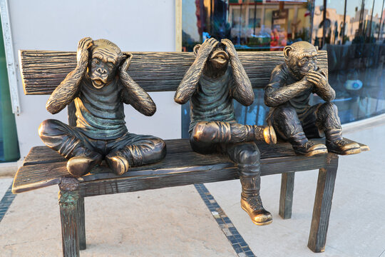 Egypt, Sharm el-Sheikh - September 29, 2025 Statues of three monkeys covering their mouths, eyes, and ears. Editorial.