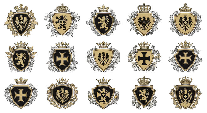 Collection of ornate crest emblems.