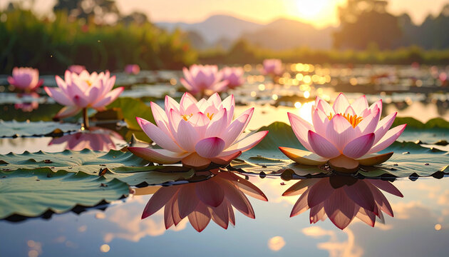 Pink water lilies on a calm lake