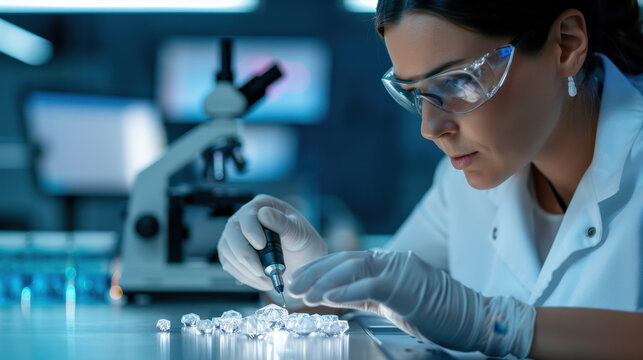 Scientist examining synthetic diamonds under powerful microscope, with advanced lab equipment. Ensuring precision and detail analysis of diamond quality. Accuracy of diamond evaluation. High-tech lab
