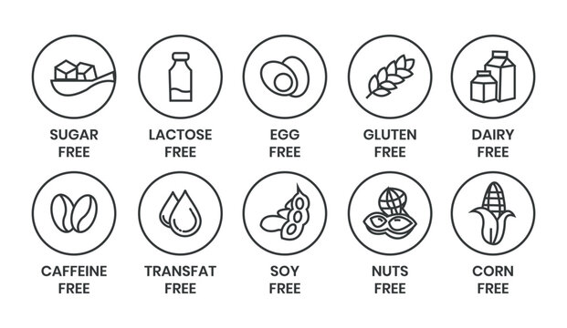 Set allergen free icons. Allergen free label products. Free lactose, gluten, sugar, corn, egg, trans fat, dairy, soy, nuts, caffeine, symbol, logo, badge, black, vector, isolated on white background.
