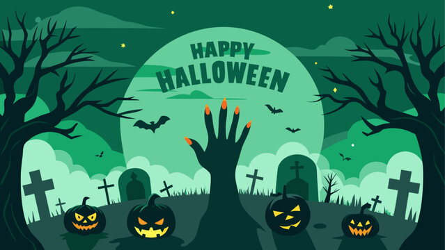 Halloween celebration with raised hands and jack-o-lanterns in background