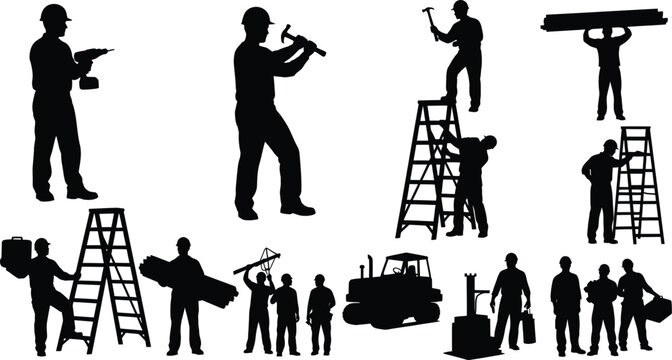 Construction workers performing various tasks